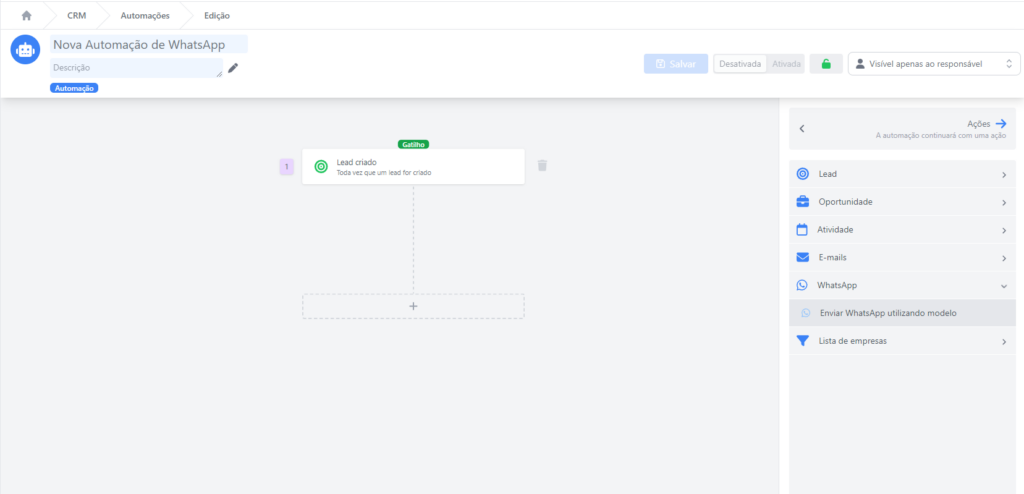 automação WhatsApp, parte criando lead.