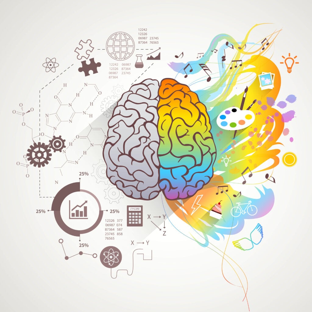 Ilustração de cérebro com elementos de marketing, representando o conceito de neuromarketing.