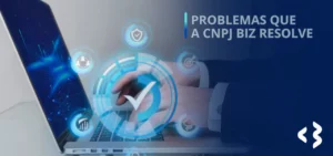 Problemas que a CNPJ BIZ resolve - Imagem de um notebook aberto, as mãos de uma pessoa digitando nele e elementos gráficos surgindo por cima da imagem, como um check em um círculo grande e outros círculos menores em volta dele.
