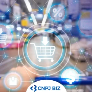 O que é AIDA - Carrinho de compras em um círculo e linhas de conhexão com outros elementos, como o símbolo de percentual o símbolo de download.