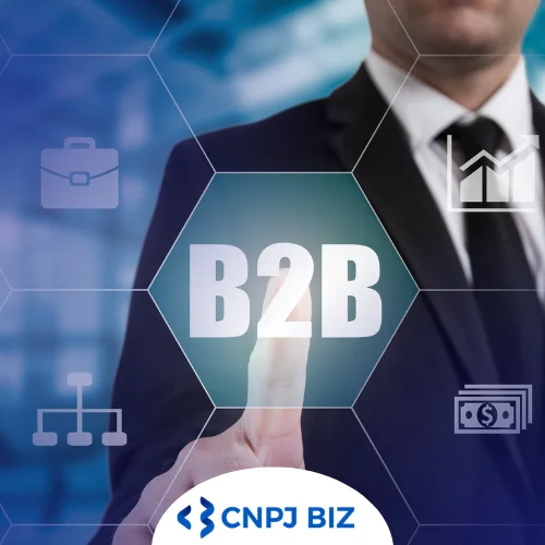 CRM para Empresas B2B - Homem de terno e gravata apertando uma espécie de botão com as letras B2B. Há outros ícones por perto, como o de uma mala, o de um gráfico, o de um fluxo e o de dinheiro.