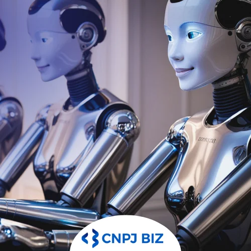 SDR IA - Dois robôs com feições humanas sentados com os braços para a frente, como se estivessem digitando.