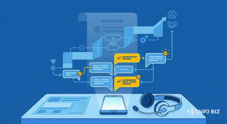 Conceito visual de script de vendas com fone, balões de fala estruturados e roteiro comercial