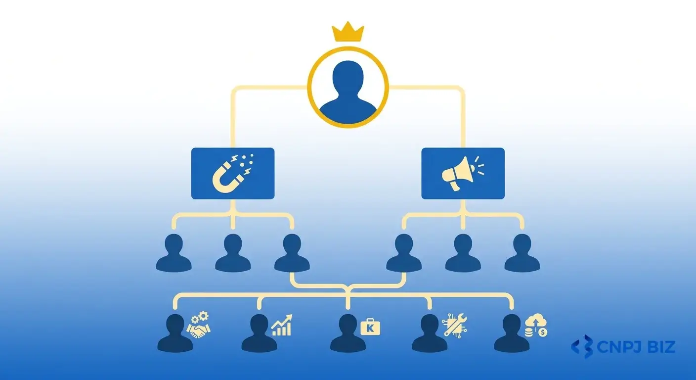 Organograma da equipe de vendas B2B - VP Sales liderando time inbound (SDR) e outbound (BDR), com closers AE, KAM, Sales Engineer e RevOps