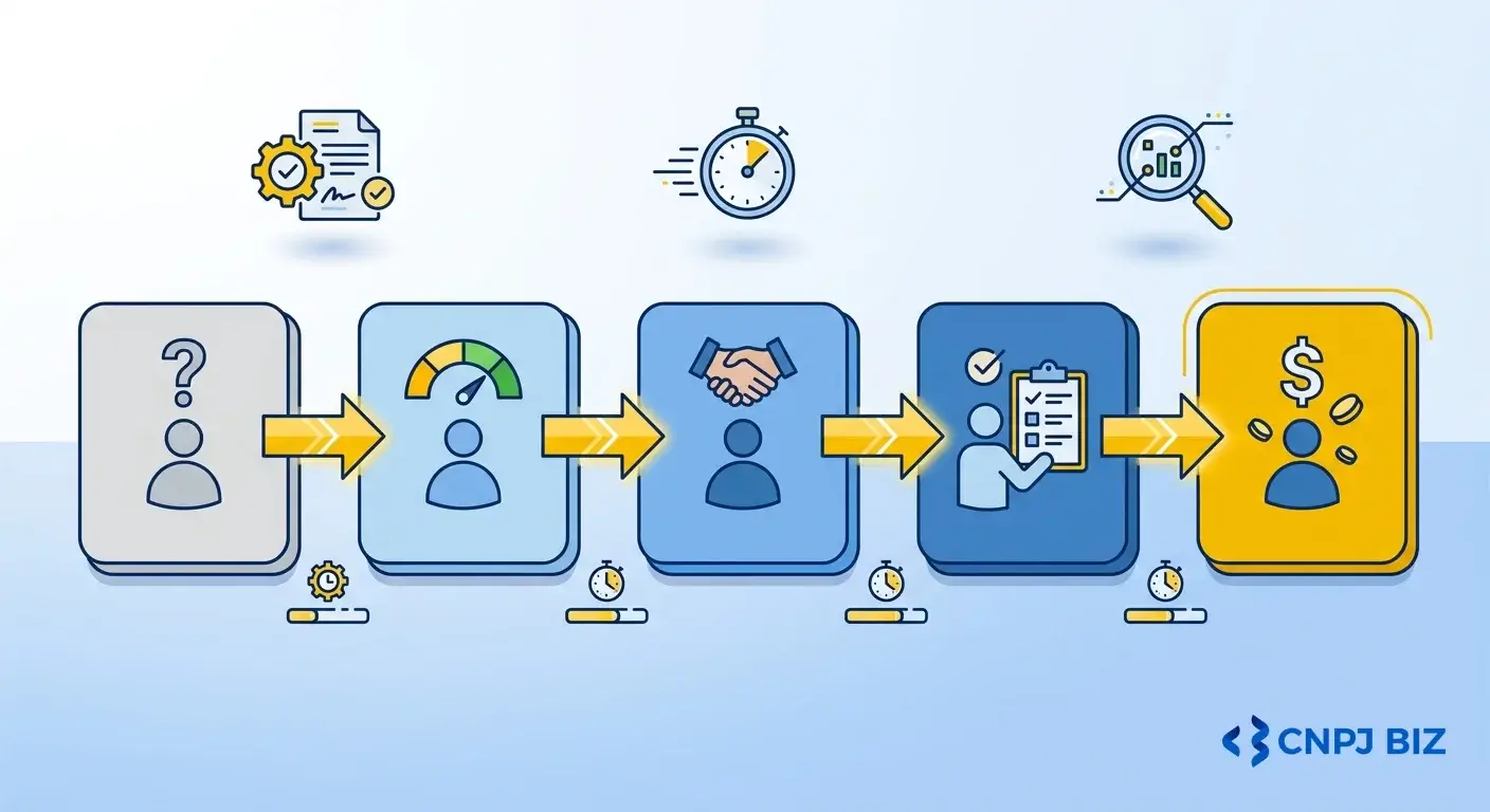 Funil de gestão de leads com 5 etapas — Lead, MQL, SAL, SQL e Opportunity — critério de promoção e SLA entre estágios