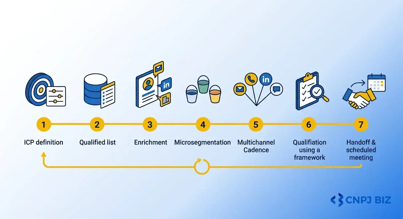 Ciclo de prospeccao em 7 etapas - ICP, lista, enriquecimento, segmentacao, cadencia, qualificacao e handoff
